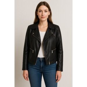 VTG Cache Large Y2K Black Faux Leather Moto Jacket‎ Lightweight Full Zip (I182)